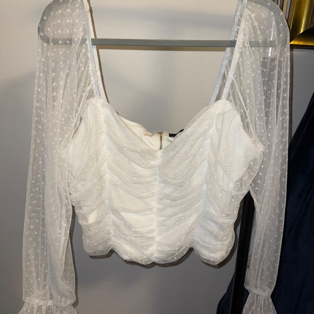 Trendy Plus-Size White Party Top - Sheer Polka Dot Sleeves, 3XL